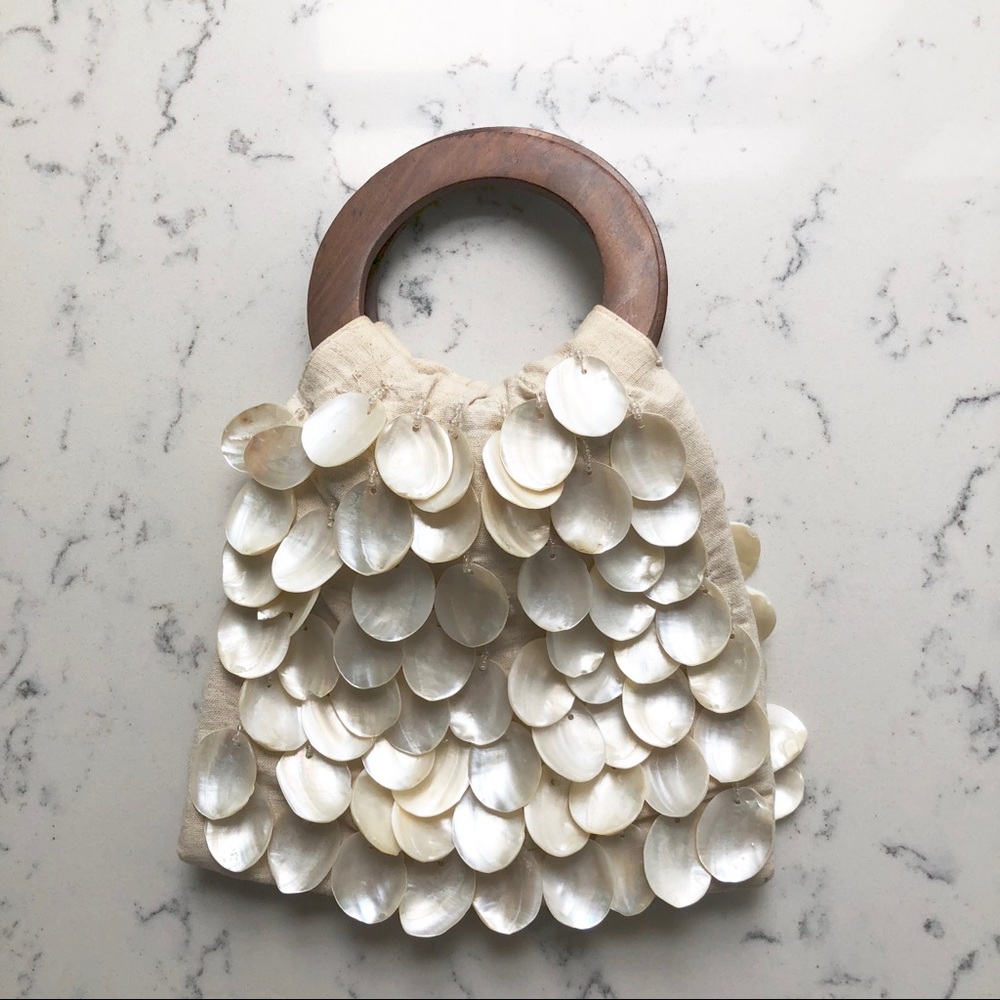 VINTAGE Shell Purse Wooden Round Handles
